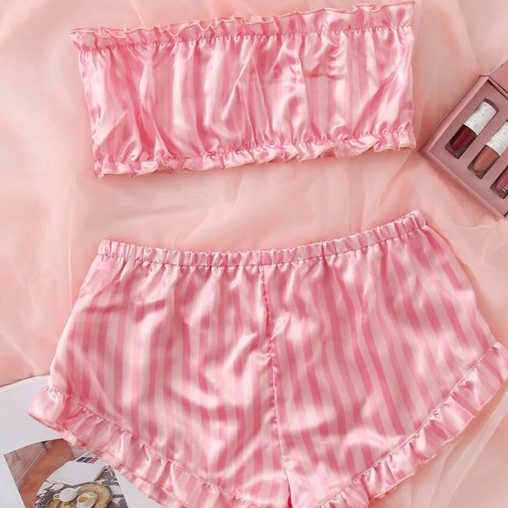 PINK STRIPED SATIN LOUNGE SET